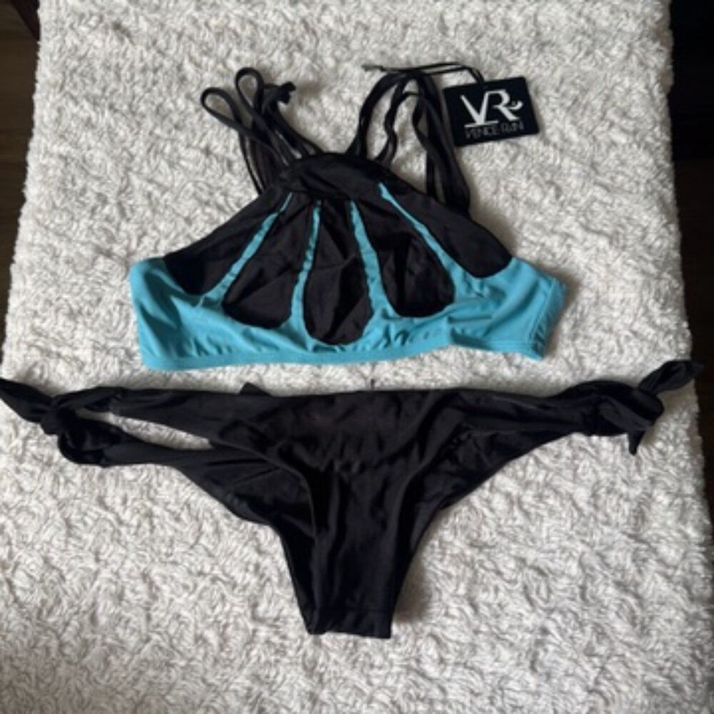 Venice Rani Swimwear Black Turquoise Top & Tie Bottom Two Piece Bikini Med NWT